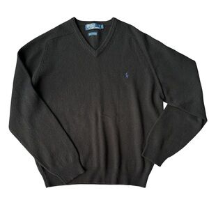 Polo by Ralph Lauren Men's V-Neck Lambswool Sweater Black Size L Blue Logo